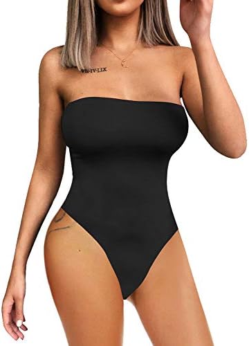 YMDUCH Women's Sexy Strapless Bodysuit One Piece Triangle Off Shoulder Leotard Black