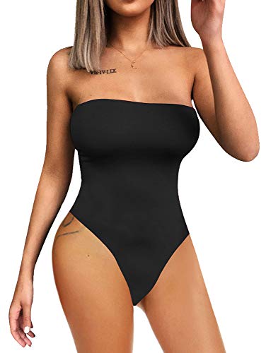 Ymduch Women's Sexy Strapless Bodysuit One Piece Triangle Off Shoulder Leotard Black #TOP16