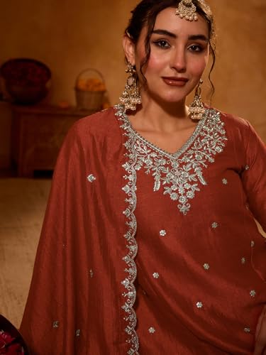 Image of Naixa Women's Vichitra Silk Embroidered A-Line Kurta with Pant and Dupatta Sets (NX-845)