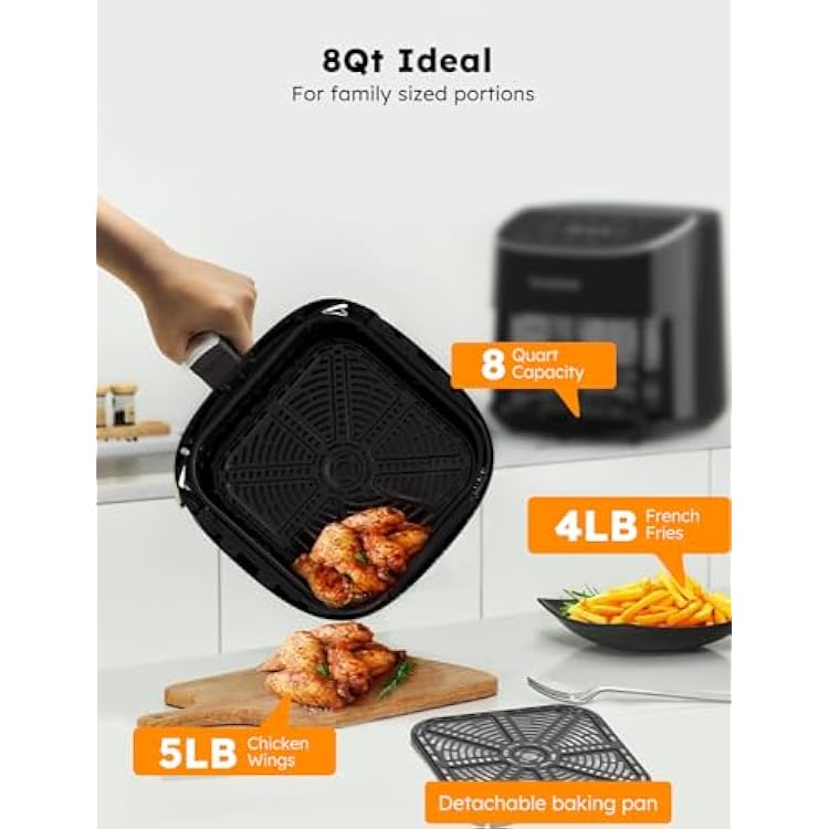 Nuwave Brio Plus 8 Qt Air Fryer, PFAS Free, New & Improved, Digital Touch Screen, Cool White Display, 50F~400F in Precise 5, 5 Cook Functions, 100 Presets & 50 Memory, 3 Wattages 700, 1500, 1800
