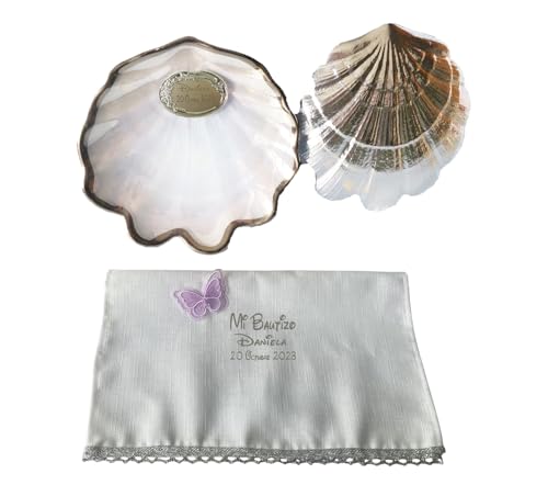 Docolastra Concha Bautismal Y Pañuelo De Bautizo Incluido, Filo Y Trasera Plateados O Dorados, Personalizable En Varias Tipologías De Letra Filo Y Trasera Plateada