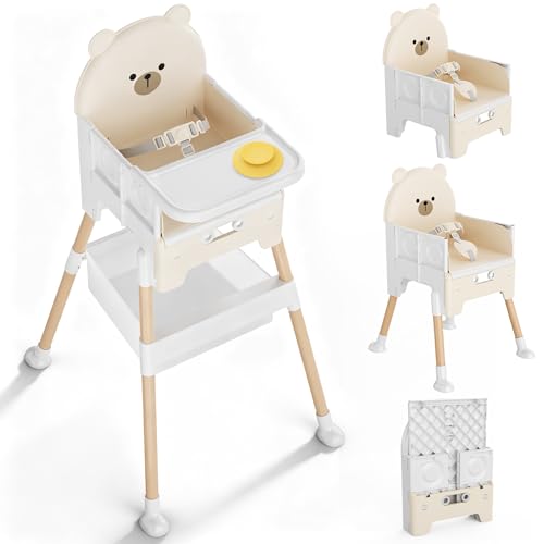 Baby High Chair 3 in 1 High Chairs for Babies and Toddlers Bear Toddler Chair Adjustable Height Highchair with Bib and Storage Bag for Baby Convenient Comfortable Feeding（Beige）