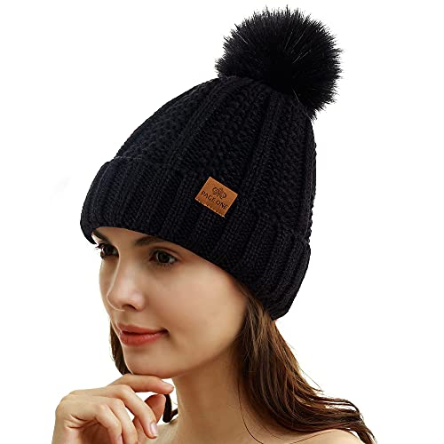 Page One Womens Winter Thick Cable Knit Beanie Faux Fur Pom Hat Fleece Lined Skull Cap Black #TOP1