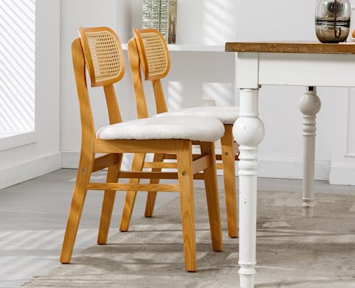 EALSON Rattan Dining Chairs Set of 2 Curved Back Farmhouse Dining Room Chairs Mid Century Modern Wood Kitchen Chairs Sherpa Upholstered Armless Side Chairs for Dining Room/Kitchen, Cream - Thumbnail 6