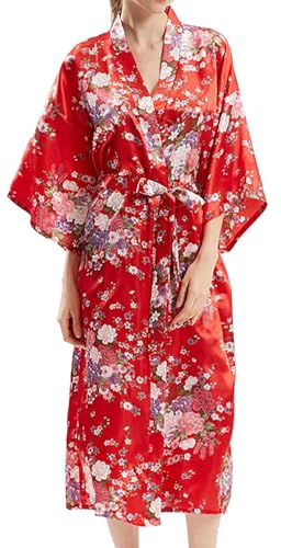 Initlove Kimono lungo da donna in raso di seta cardigan pigiama pavone camicia da notte per feste, Fiore rosso., Taglia unica