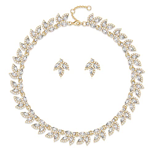 Tovaba Bridesmaid Rhinestone Jewelry Set For Women, Chunky Clear Cubic Zirconia Gold Leaf Collar Necklace Jewelry, Women And Girls Wedding Gifts Jewelry Sets For Party #TOP7
