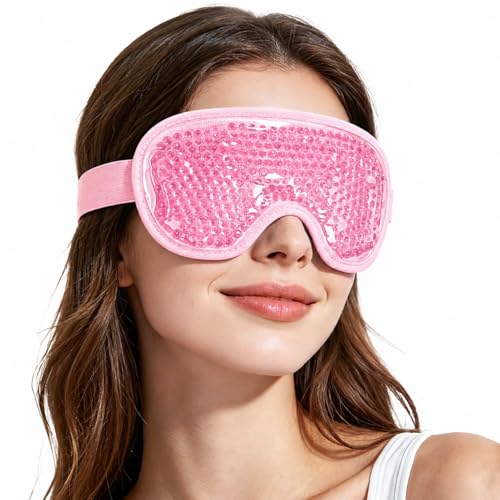 NEWGO Cooling Gel Cold Eye Mask for Puffy Eyes, Reusable Ice Pack with Soft Plush Backing for Dark Circles, Migraine, Stress Relief - Pink