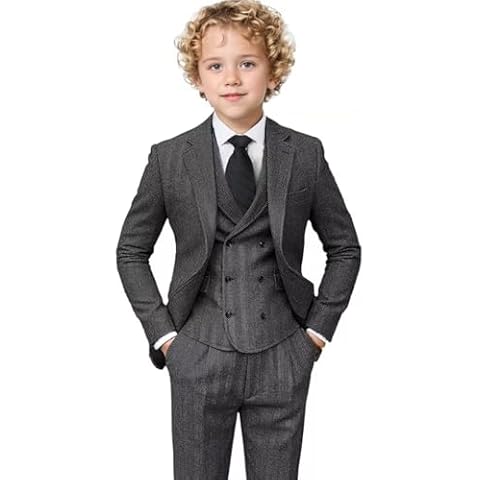 AIBUYTA Tweed Herringbone Boys Tweed Suit Wool Blend 3 Piece Tweed Suits for Boys Tuxedo Suit Children Vest Blazer Jackets Dress Pants Gray Grey Set Size 3t Cover