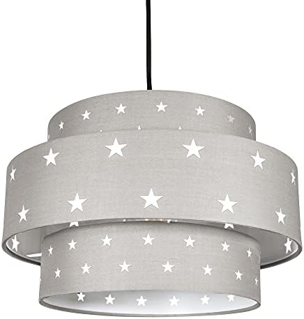 Unique and Modern Triple Tier Soft Grey Cotton Fabric Childrens Pendant Shade with Stars Decoration | 30cm Diameter | 60w Maximum by Happy Homewares
