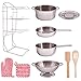 Giantville Toy Kitchen Play Set, 10 Piece Bundle - Stainless Steel Pots, Pans and Skillets, Wooden Spoons and Utensils, Pot Holders and Storage Caddy Rack