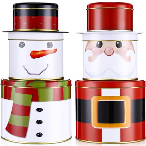 Tandefio 2 Sets Christmas Cookie Tins with Lids 3 Layer Christmas Tin Containers Metal Large Medium Small Round Nesting Containers Empty Tinplate Treat Boxes for Candy Chocolate Xmas Party Favor