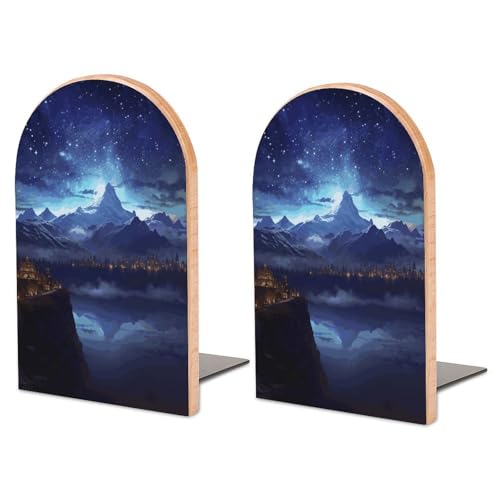 Fermalibri in legno con scena notturna fantasy per scaffali, antiscivolo, per libri da ufficio, con base in metallo, resistente, per tenere saldamente i libri sulla libreria