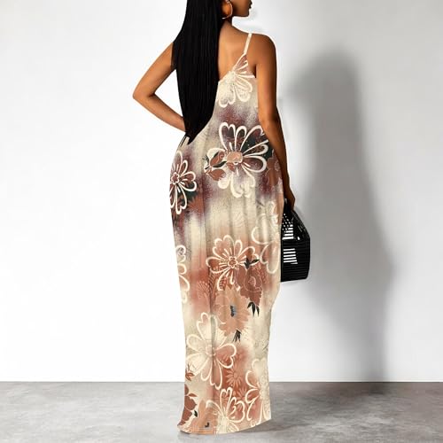 Image of Women's Summer Maxi Dress Spaghetti Strap Floral Boho Beach Long Sundress with Pockets