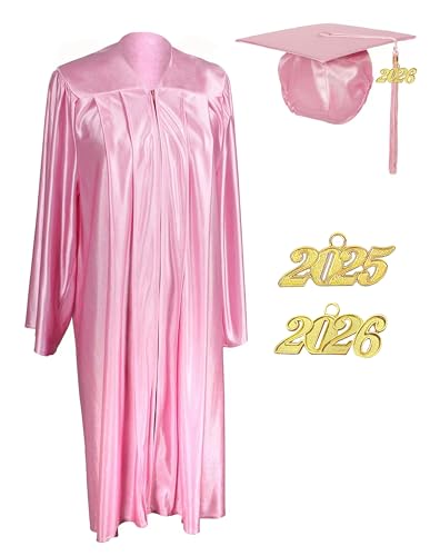 MyGradDay Unisex Adult Shiny Graduation cap and gown Tassel 2025 and 2026 Year Charm Package Pink
