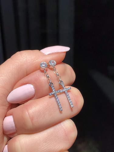 Dangle Cross Earrings In Sterling Silver With Cz Diamonds - Handmade In The Usa. (Clear Cz Stud, Sterling Silver/Pair - 2 Earrings) #TOP4