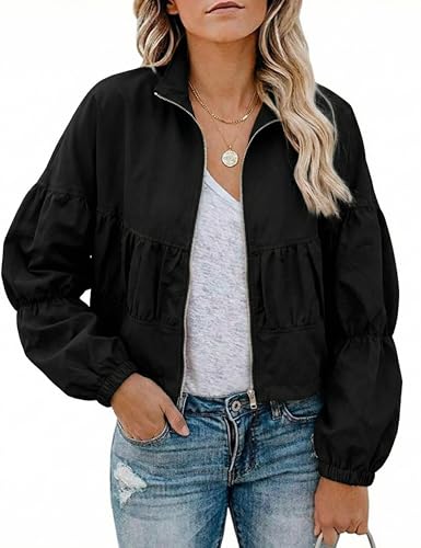 Watashi Women Cropped Bomber Jacket Casual Lightweight Spring Fall Lapel Coat Balloon Long Sleeve Streetwear Outerwear (Black-Medium)