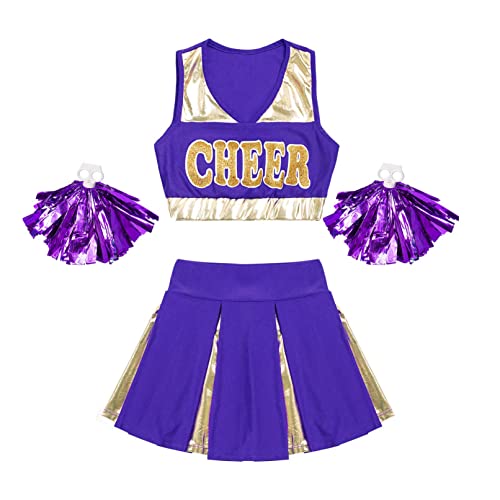 Jhaoyu Girls Cheer Leader Costume Halloween Party Dress Up Cheerleading Uniform Crop Top Pleated Skirt Sets Pom Poms Cosplay Purple 6 Years #TOP5