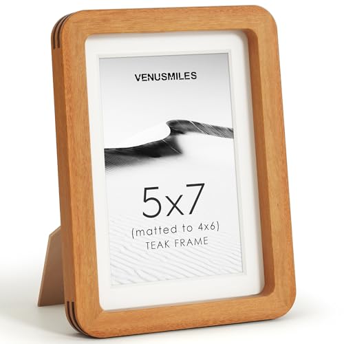 Image of 5x7 Picture Frame, USA-Sourced Natural Teak Wood Photo Collage Frame with HD Tempered Glass, Modern Simple 5 x 7 Wooden Frame Matted to 4x6, Gallery Wall Frames for Art, Wall or Tabletop Display