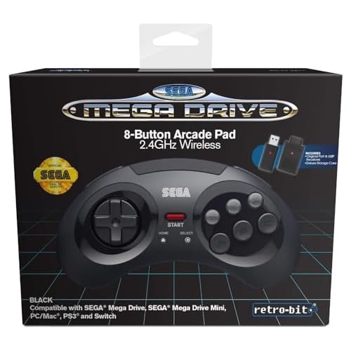 Retro-Bit Official SEGA Mega Drive 8-Button 2.4Ghz Wireless Arcade Pad for MEGA DRIVE MINI CONSOLE, Sega Mega Drive Console, PC, Switch, macOS, Playstation 3, Steam, RetroPie, Raspberry Pi (Black)