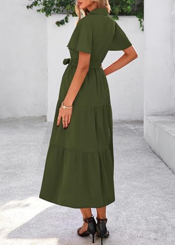 Image of KIRUNDO Summer Button Down Wedding Guest Shirt Dresses for Women Maxi Flutter Short Sleeve Flowy Tiered Beach Sun Dress