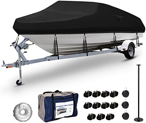 Accskzo Boat Cover 17-19 ft Heavy Duty 600D Waterproof Trailerable Boat Covers UV Resistant Marine Grade Mooring Cover with Support Pole for V-Hull Boat Runabouts,Tri-Hull,Bass Boat 17'-19',Black