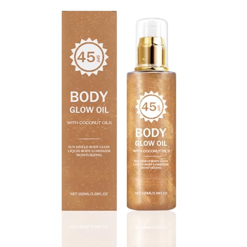 Body Glow Oil with Coconut–Body Sunscreen Oil,Shimmer Body Oils with Gold Mica,Glow Oils for Bodys,Glows Sunscreen,Hydrating & Quick Absorption, Water Resistant for Face & Bodys,SPF 45