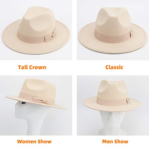 Besoogii Classic Wide Brim Women Men Fedora Hat With Belt Buckle Felt Panama Hat (Bowknot-Rice) #TOP3