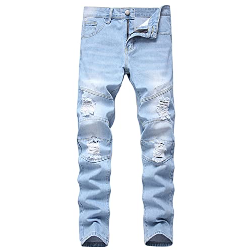 Maiyifu-GJ Men's Slim Ripped Washed Jeans Regular Fit Straight Leg Distressed Denim Pants Casual Destroyed Jean with Hole (Light Blue,34)
