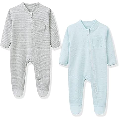 BINIDUCKLING 2 Pack Baby Boys Girls Double Zip Up Sleepsuit - Two-Way Zipper, Baby Footed Pajamas with Mitten Cuffs - Cotton Long Sleeve Baby Footed Onesies for 6-9 Month, Stripe Blue&Little Grey Cover