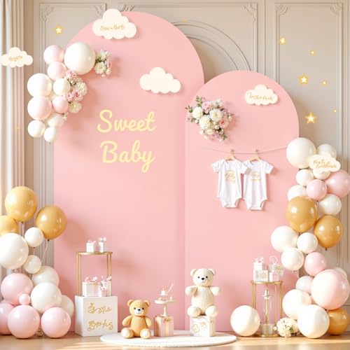 Image of Dusty Rose Arch Cover 2 Set-7.2 and 6ft Dusty Pink Arch Backdrop Cover Spandex Wedding Arch Stand Covers for Baby Shower Girls Birthday Party Bridal Shower Wedding Photo Balloon Arches Background