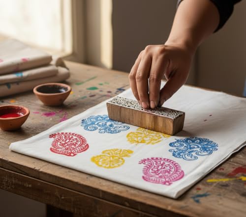 Image of RENIQ Wooden Printing Block for Fabric & DIY Craft | Handcrafted Indian Design Stamp for Textile, Pottery, Mehndi & Home Decor (Multicolor11)