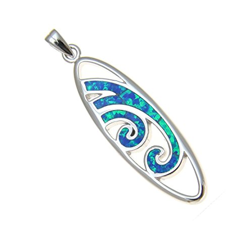 Arthur's Jewelry 925 Sterling silver Hawaiian blue synthetic opal ocean wave surfboard pendant3
