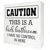Caution This is a Kids Bathroom Wooden Box Sign with Saying Desk Decor 5 x 5 Inch Children Bathroom Box Sign Wood Plaque Block Sign Rustic Home Decor