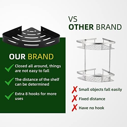Boiarc Corner Shower Caddy for Bathroom Storage, Corner Shelf with 8 Hooks & Tower Hanger, No Drilling Rust Resistant Aluminum Shower Shelves for Kitchen, Dorm, Living Room Black (2 Packs)