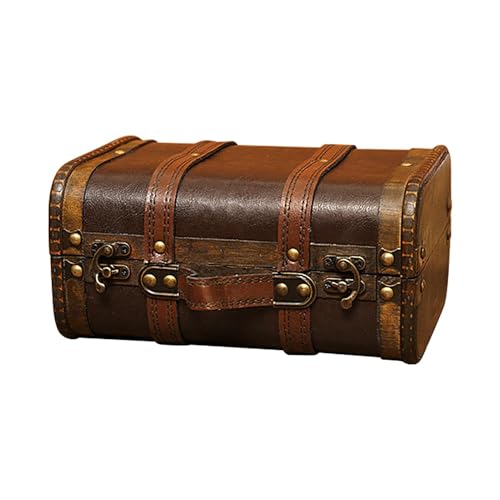 Cofre del tesoro de madera – Cofre del tesoro de madera vintage | Baúl pequeño de almacenamiento de madera con asa, pequeño baúl para joyas, colección de monedas y decoración del hogar, caja de madera