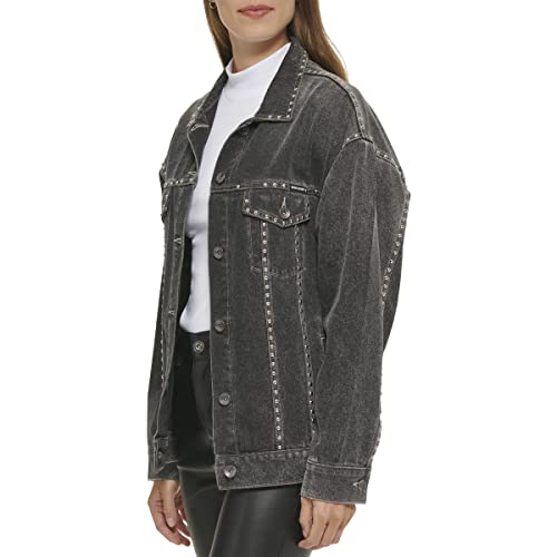 DKNY Women's Rigid Denim Stud Jacket, Concrete Grey, L - Image 2