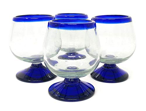Mexican Hand Blown Glass â€“ Set of 4 Hand Blown Cognac Snifter Glasses - Cobalt Blue Rim