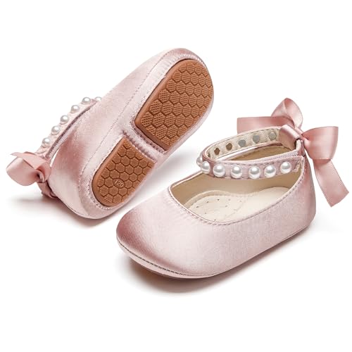 Image of PHIRAMIN Baby Girls Mary Jane Flats - Infant Newborn Walking Shoes Soft Rubber Sole Princess Wedding