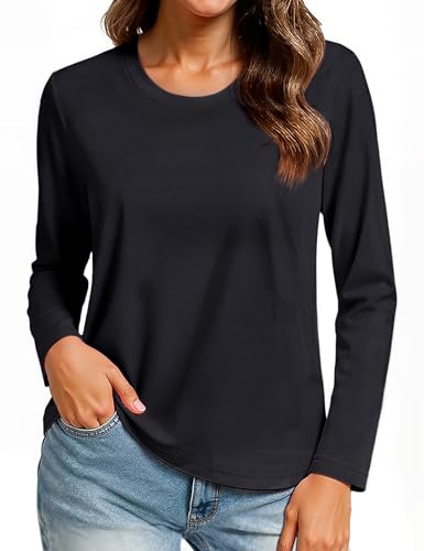 TACVASEN Ladies Long T Shirts Casual Long Sleeve Moisture Wicking Cotton Tops Quick Dry Long Sleeve Tee Shirt Women, Black, L