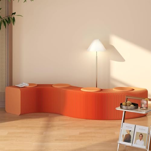 Image of Kraft Paper Rectangle Ottoman - Folding Bench Rest for Bedroom & Entryway, Collapsible Stool with Pad, Portable Stool & Square Ottoman for Living Room Decor, Space-Saving Footrest (Orange, 4 Seats)