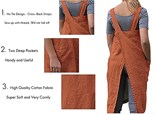 Women's Cross Back Pinafore Apron With Large Pockets Home Kitchen, Restaurant, Coffee House,Cooking Gardening Works Orange-L #TOP4