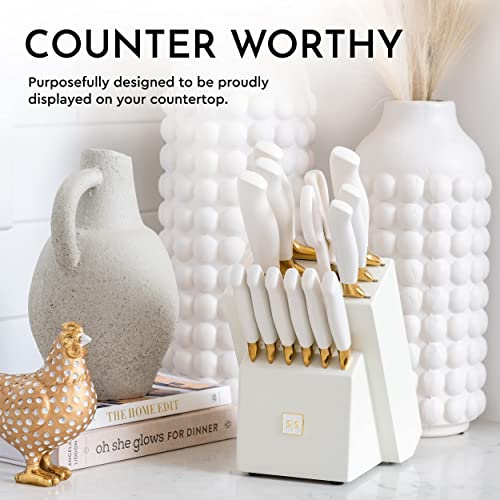 White And Gold Knife Set With Block Self Sharpening - 14 Pc Titanium Coated Gold And White Kitchen Knife Set And White Knife Block With Sharpener, White And Gold Kitchen Accessories And Decor #TOP1