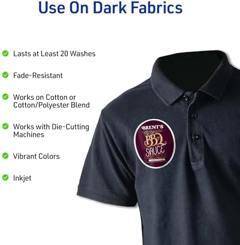 Avery Printable Heat Transfer Paper for Dark Fabrics, 8.5" x 11", Inkjet Printer Compatible, 5 Sheets of Iron On Transfer Paper, Great for Custom Shirts, Uniforms, Gifts, and More (3279) Detail