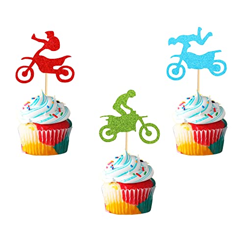 Arthsdite 48Pcs Dirt Bike Motocross Cupcake Toppers for Dirt Bike Themed Birthday Party Cake Decorations Colorful Glitter Motorcycle Cupcake Picks Man's or Boy's Birthday Party Supply Decoration
