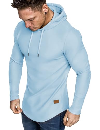 JMIERR Men's Fleece Hoodies Muscle Long Sleeve T Shirts Casual Fall Fashion Gym Workout Athletic Longline Hooded Sweatshirt Pullover, US40(M),Beau Blue