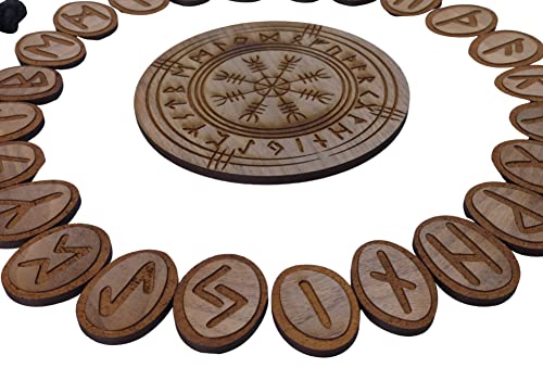 25 Runensteine aus Holz Runenset Nussbaum Vegvísir Vegvisir Kompass (Runen 20x25mm Kompass 80mm)