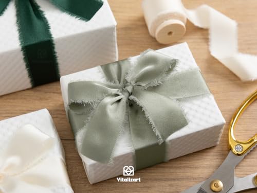Vitalizart Green & White Silky Satin Ribbon 1 inch x 15 Yard Wooden Spool Handmade Frayed Ribbon for Gift Wrapping Baby Shower Wedding Bridal Bouquets Holiday Decoration Dark Green Cream - Image 4