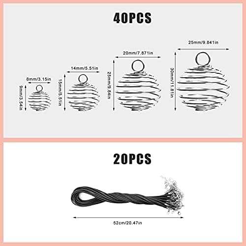 SAVITA 60 pcs 4 Sizes Spiral Bead Cages Pendants Leather Rope Chains Set Include 40pcs Silver Wire Cage Crystal Stone Pendants with 20 Rope Chains for Necklace Bracelet Jewelry Making DIY Crafting