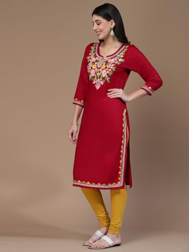Image of QAZMI Women's Floral Aari Embroidered Viscose Rayon 3 /4 Sleeves Straight Kurta