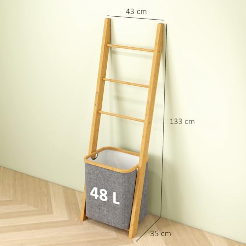 HOMCOM Estantería para Baño de Bambú, 2 en 1, Toallero de Pie con 3 Barras, Cesto para Ropa Sucia Extraíble de 48 L, para Dormitorio, Lavadero, Gris - imagen 3